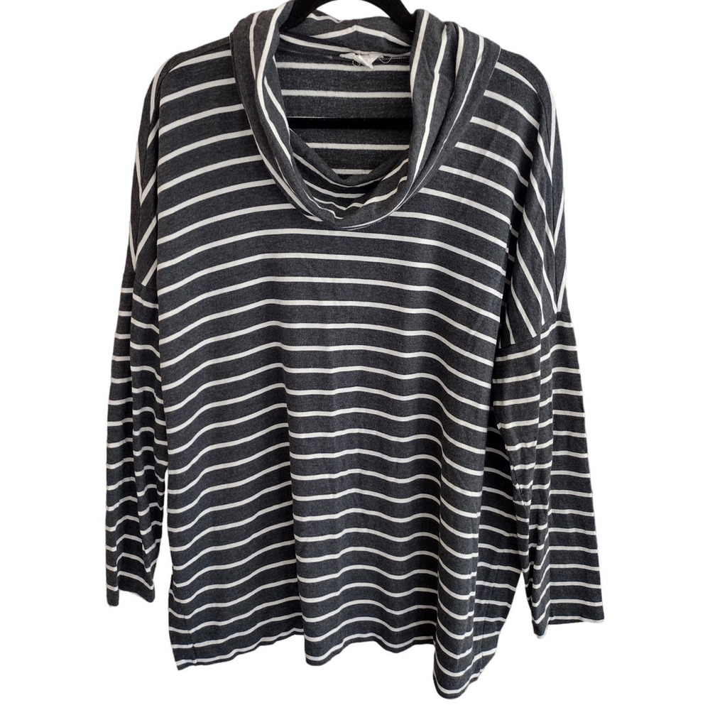 LOFT Lounge | Oversized Dark Gray & White Striped Cowl-Neck Long Sleeve Top
